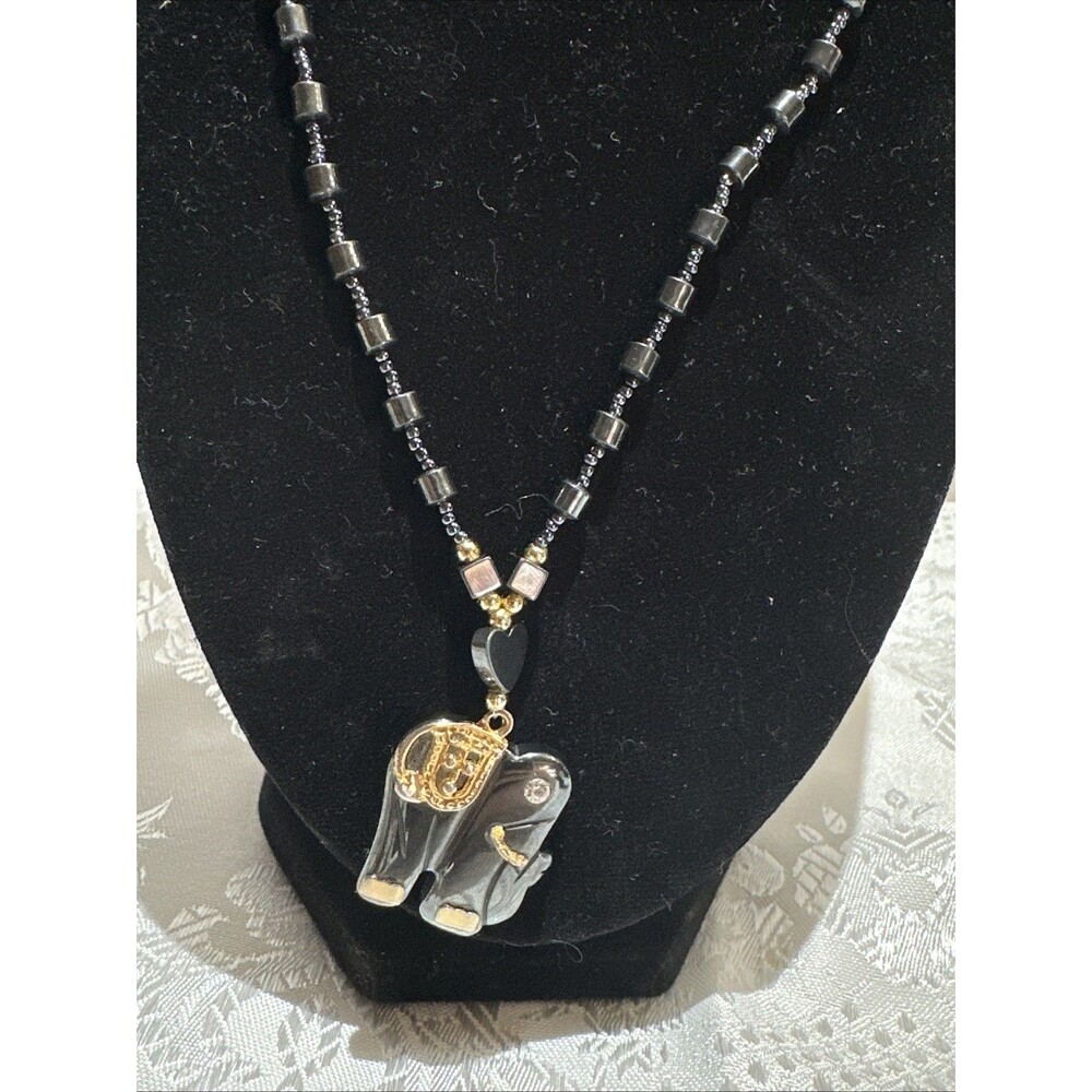 Vintage Hematite Beaded Gold Tone Elephant Pendant Necklace